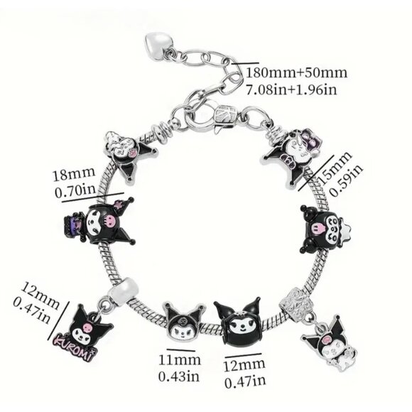 Kuromi Charm Bracelet Inspired Black & Silver Beaded Bracelet Edgy Jewelry Gift - Picture 2 of 3